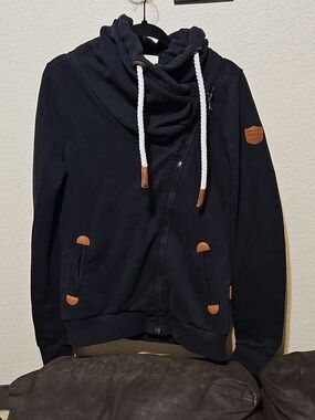 Wanakome Black Asymmetrical Zip Hoodie with White Drawcords